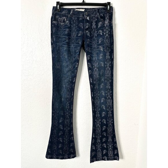 Free People Women's Silver City Foiled Flare Stretch Boho Blue Jeans Size 25 - Picture 2 of 6